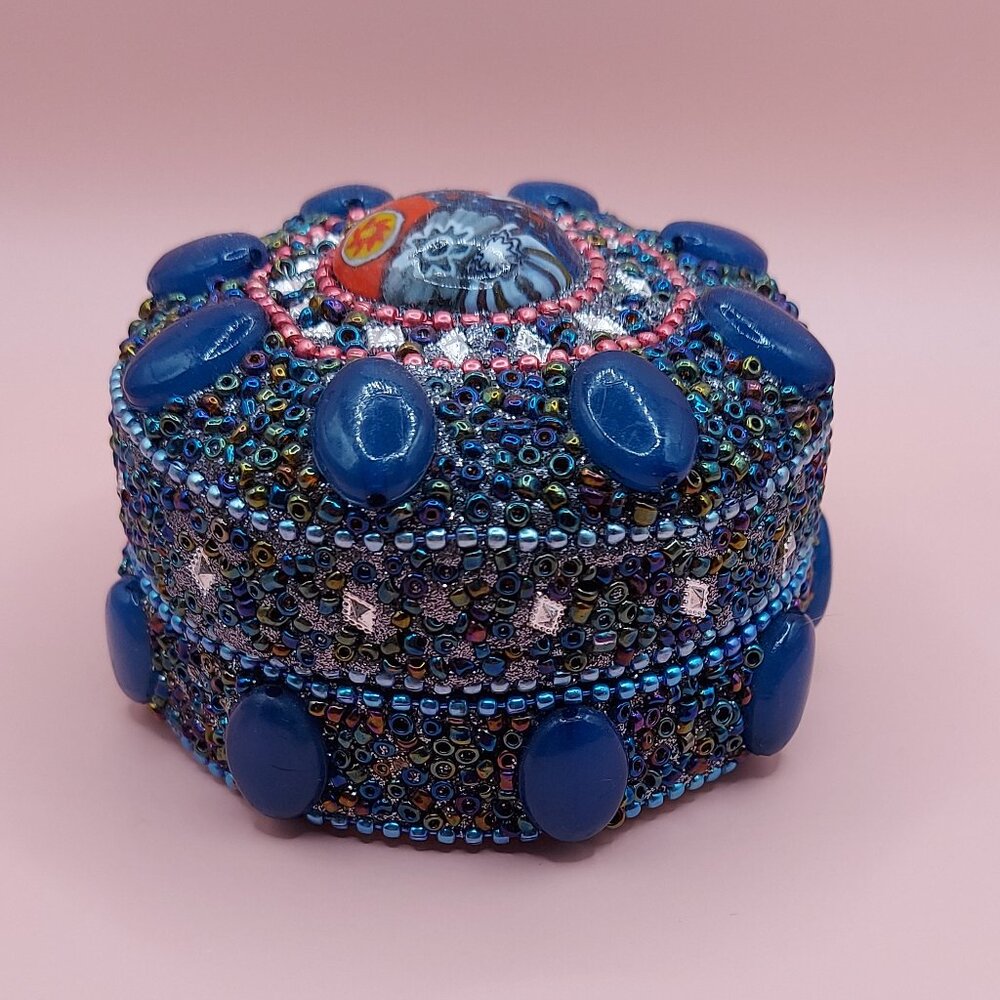 Handcrafted Beaded Round Jewelry Box Blue Mosaic Trinket Storage Vanity